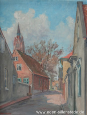 Jever, Stadt, Am Kirchplatz, Rosmarinstraße, 31x41,5 cm, um 1950, Öl auf Leinwand, Besitz Schlossmuseum Jever (WV-Nr. 756)