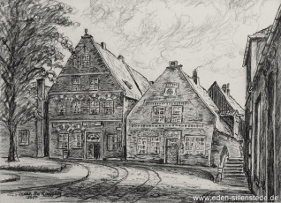 Jever, Stadt, Am Kirchplatz, Schwarzer Bär, 1947, 37x27 cm, Kohlezeichnung, Besitz Stadt Jever (WV-Nr. 826)