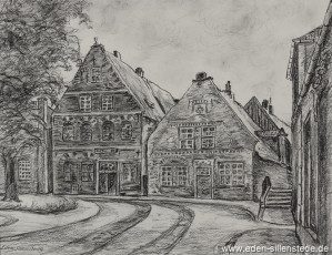 Jever, Stadt, Am Kirchplatz, Schwarzer Bär, 1950er, 36x28 cm, Kohlezeichnung, Privatbesitz (WV-Nr. 1015)