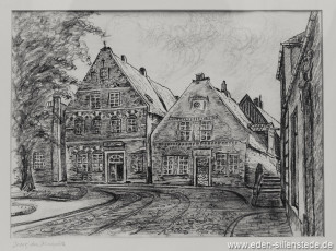 Jever, Stadt, Am Kirchplatz, Schwarzer Bär, 1950er, 37x27 cm, Kohlezeichnung, Privatbesitz (WV-Nr. 1329)