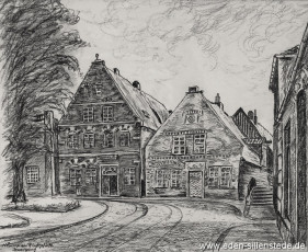 Jever, Stadt, Am Kirchplatz, Scharzer Bär, 1950er, 37x29,5 cm, Kohlezeichnung, Besitz Landkreis Friesland (WV-Nr. 573)