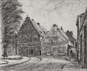 Jever, Stadt, Am Kirchplatz, Schwarzer Bär, 1950er, 37x29,5 cm, Kohlezeichnung, Besitz Landkreis Friesland (WV-Nr. 573)