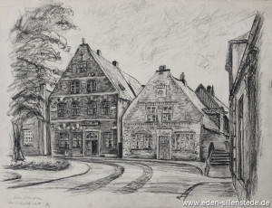 Jever, Stadt, Am Kirchplatz, Schwarzer Bär, 1954, 39,5x29,5 cm, Kohlezeichnung, Nachlass Arthur Eden (WV-Nr. 201)