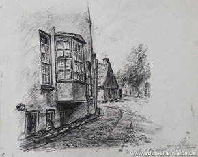 Jever, Stadt, Am Wall, 1950er, 29,5x23,5 cm, Kohlezeichnung, Nachlass Arthur Eden (WV-Nr. 227)