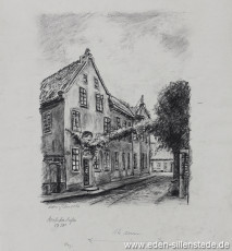 Jever, Stadt, Apothekerstraße, 1950, 20x25 cm, Kohlezeichnung, Nachlass Arthur Eden (WV-Nr. 234)