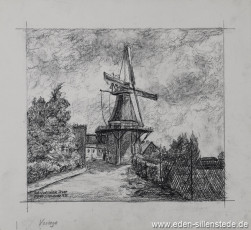 Jever, Stadt, Bahnhofsmühle, 1936, 27x23,5 cm, Kohlezeichnung, Nachlass Arthur Eden (WV-Nr. 213)