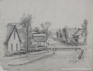 Jever, Stadt, Bahnübergang, 1934, 28x22 cm, Bleistiftzeichnung, Nachlass Arthur Eden (WV-Nr. 271)