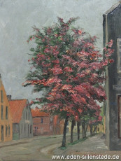 Jever, Stadt, Blaue Straße, 1930-40er, 28x37 cm, Öl auf Holz, Privatbesitz (WV-Nr. 857)
