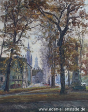 Jever, Stadt, Blick in die Mönchswarf, 1960er, 54x68 cm, Öl auf Leinwand, Privatbesitz (WV-Nr. 8)