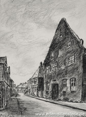 Jever, Stadt, Burgstraße, 1950er, 19,5x26,5 cm, Kohlezeichnung, Besitz Landkreis Friesland (WV-Nr. 584)
