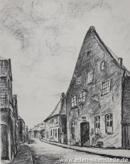 Jever, Stadt, Burgstraße, 1950er, Kohlezeichnung, Quelle Buch Jever im Bild, gestern und heute, Seite 17 (WV-Nr. 898)