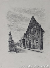 Jever, Stadt, Burgstraße, 1953, 29,5x39,5 cm, Kohlezeichnung, Nachlass Arthur Eden (WV-Nr. 208)