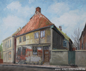 Jever, Stadt, Burgstraße mit Haus Nummer 16, 1940er, 40x33,6 cm, Tempera, Besitz Schlossmuseum Jever (WV-Nr. 807)