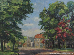 Jever, Stadt, Ecke Bahnhofs- Blaue Straße, 1947, 63x51 cm, Öl auf Leinwand, Besitz Schlossmuseum Jever (WV-Nr. 763)