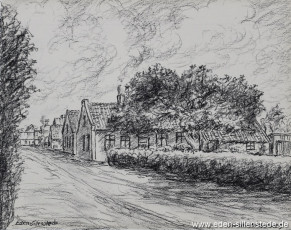 Jever, Stadt, Friesenweg, um 1950, 24x19 cm, Kohlezeichnung, Nachlass Arthur Eden (WV-Nr. 243)