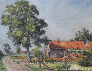 Jever, Stadt, Haaks Garten im P.-W.-Janssen-Weg, 1950er, 36x28,5 cm, Öl auf Leinwand, Besitz Schlossmuseum Jever (WV-Nr. 1279)
