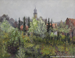 Jever, Stadt, Haaks Garten mit Blick auf das Schloss, um 1960, 60x46 cm, Öl auf Leinwand, Besitz Raiffeisenbank Jever (WV-Nr. 713)