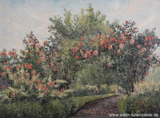 Jever, Stadt, Haaks Garten, Rosengarten am P.-W.-Janssen-Weg, 1959, 68,5x51 cm, Öl auf Leinwand, Besitz Landkreis Friesland (WV-Nr. 634)