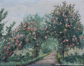 Jever, Stadt, Haaks Garten, Rosengarten am P.-W.-Janssen-Weg im Juni, 1950er, 62x50 cm, Öl auf Leinwand, Besitz Schlossmuseum Jever (WV-Nr. 749)