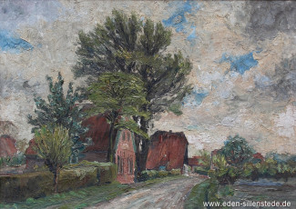 Jever, Stadt, Hohler Weg mit Hoher Scheune, 1952, 61x49 cm, Öl auf Leinwand, Besitz Schlossmuseum Jever (WV-Nr. 758)