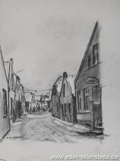 Jever, Stadt, Hopfenzaun, 1963, 29,5x39,5 cm, Kohlezeichnung, Nachlass Arthur Eden (WV-Nr. 220)