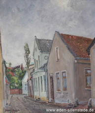 Jever, Stadt, Hopfenzaun, 1970, 54x64,5 cm, Öl auf Leinwand, Privatbesitz (WV-Nr. 1162)