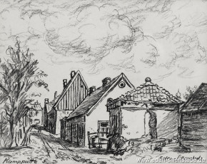 Jever, Stadt, Kamppütte, 1950er, 22,5x17,5 cm, Kohlezeichnung, Besitz Landkreis Friesland (WV-Nr. 562)