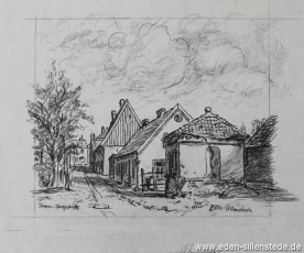 Jever, Stadt, Kamppütte, 1950er, 29x23 cm, Kohlezeichnung, Nachlass Arthur Eden (WV-Nr. 222)