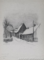 Jever, Stadt, Kamppütte, 1954, 29,5x40 cm, Kohlezeichnung, Nachlass Arthur Eden (WV-Nr. 224)