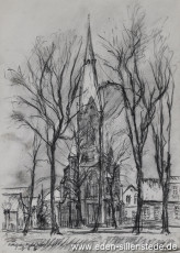 Jever, Stadt, Katholische Kirche, 1965, 29,5x41 cm, Kohlezeichnung, Nachlass Arthur Eden (WV-Nr. 209)