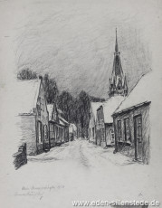 Jever, Stadt, Kleine Burgstraße, 1954, 29,5x40 cm, Kohlezeichnung, Nachlass Arthur Eden (WV-Nr. 211)