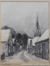 Jever, Stadt, Kleine Burgstraße, um 1954, 25x31 cm, Kohlezeichnung, Besitz Stadtbücherei Jever (WV-Nr. 954)