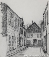 Jever, Stadt, Lindenbaumstraße, 1950er, 26x30 cm, Kohlezeichnung, Nachlass Arthur Eden (WV-Nr. 202)