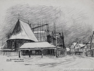 Jever, Stadt, Neubau der Stadtkirche, 1963, 41x31 cm, Kohlezeichnung, Nachlass Arthur Eden (WV-Nr. 231)