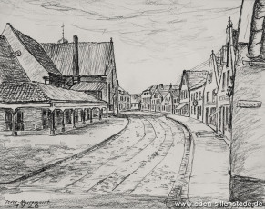 Jever, Stadt, Neuermarkt, 1926, 30x24,5 cm, Kohlezeichnung, Besitz Landkreis Friesland (WV-Nr. 583)