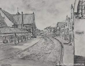 Jever, Stadt, Neuermarkt, 1960er, 30x24 cm, Kohlezeichnung, Privatbesitz (WV-Nr. 868)