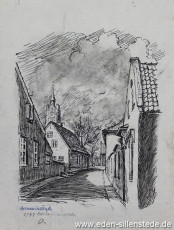 Jever, Stadt, Rosmarinstraße, 1947, 17x20 cm, Tuschezeichnung, Nachlass Arthur Eden (WV-Nr. 334)