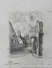 Jever, Stadt, Rosmarinstraße, 1947, 23x29 cm, Kohlezeichnung, Nachlass Arthur Eden (WV-Nr. 228)