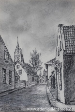 Jever, Stadt, Rosmarinstraße, 1950-60er, 14,5x21,5 cm, Kohlezeichnung, Privatbesitz (WV-Nr. 1346)