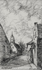 Jever, Stadt, Rosmarinstraße, um 1947, 14,5x24 cm, Kohlezeichnung, Besitz Landkreis Friesland (WV-Nr. 563)