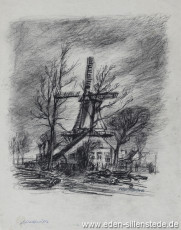 Jever, Stadt, Schlachtmühle, 1940-50er, 29,5x39,5 cm, Kohlezeichnung, Nachlass Arthur Eden (WV-Nr. 173)