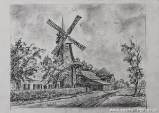 Jever, Stadt, Schlachtmühle, 1940-50er, 32,5x23 cm, Kohlezeichnung, Nachlass Arthur Eden (WV-Nr. 212)