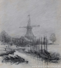 Jever, Stadt, Schlachtmühle im Nebel, 1955, 25,6x29 cm, Kohlezeichnung, Privatbesitz (WV-Nr. 1408)