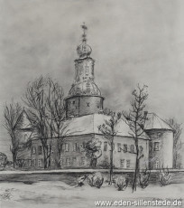Jever, Stadt, Schloss, 1950er, 27,5x31 cm, Kohlezeichnung, Privatbesitz (WV-Nr. 723)