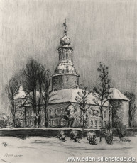 Jever, Stadt, Schloss, 1950er, 27x32 cm, Kohlezeichnung, Privatbesitz (WV-Nr. 1313)