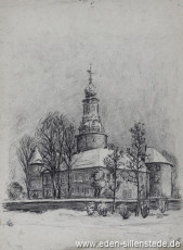 Jever, Stadt, Schloss, 1955, 29,5x39,5 cm, Kohlezeichnung, Nachlass Arthur Eden (WV-Nr. 223)