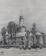 Jever, Stadt, Schloss, 1958, 28x33 cm, Kohlezeichnung, Privatbesitz (WV-Nr. 1206)