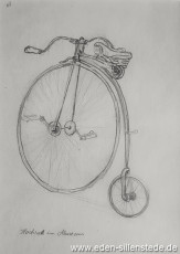 Jever, Stadt, Schloss, Hochrad im Museum, 1950-60er, 17x23 cm, Kohlezeichnung, Privatbesitz (WV-Nr. 1363)