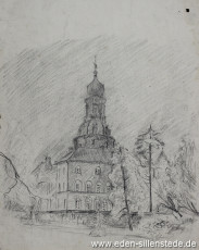 Jever, Stadt, Schloss im Nebel, 1940er, 25x33 cm, Bleistiftzeichnung, Nachlass Arthur Eden (WV-Nr. 272)