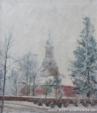 Jever, Stadt, Schloss im Winter, 1955, 52,5x60 cm, Öl auf Leinwand, Privatbesitz (WV-Nr. 1064)